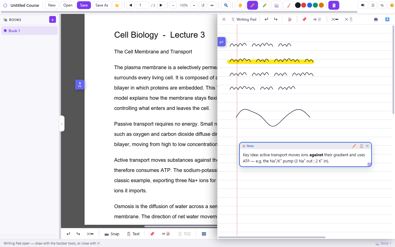 PDFNoteFlow — a live PDF on the left and a writing pad with notes, a highlight and a signature on the right
