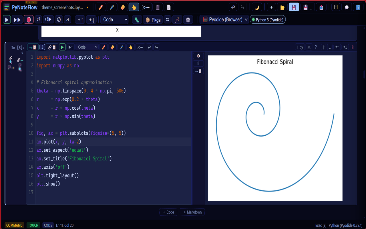 Dark theme with Fibonacci spiral